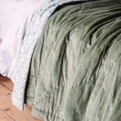 Graham & Green Sage Green Velvet Quilts with Printed Reverse