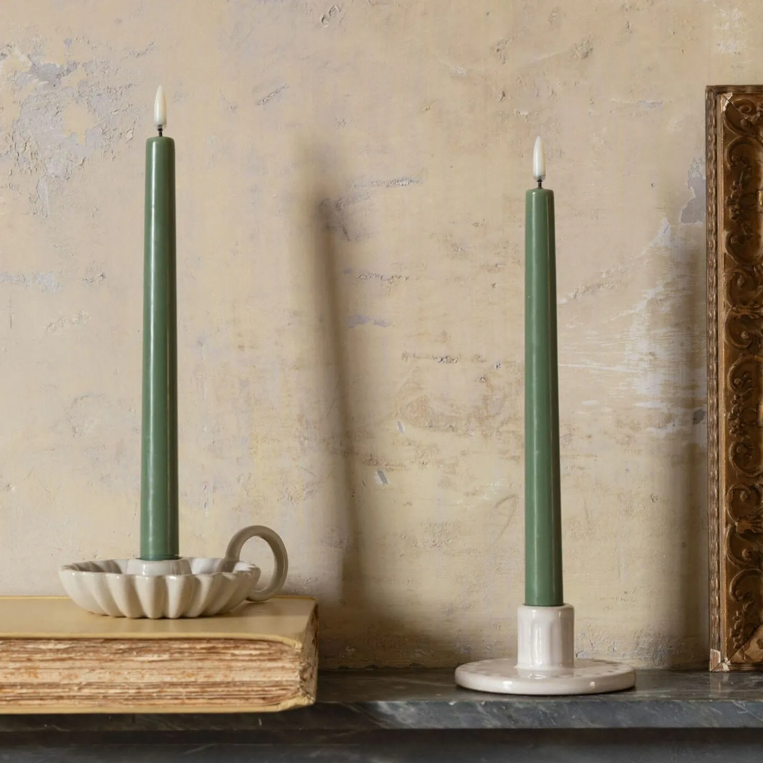 Graham & Green Set of Two LED Taper Candles Olive Green