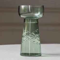 Graham & Green Small Etched Floral Green Glass Vase