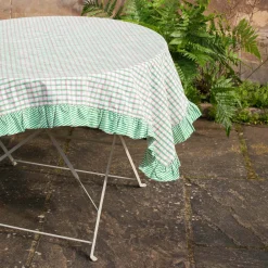 Graham & Green Sundae Green and Pink Block Printed Frill Table Cloths