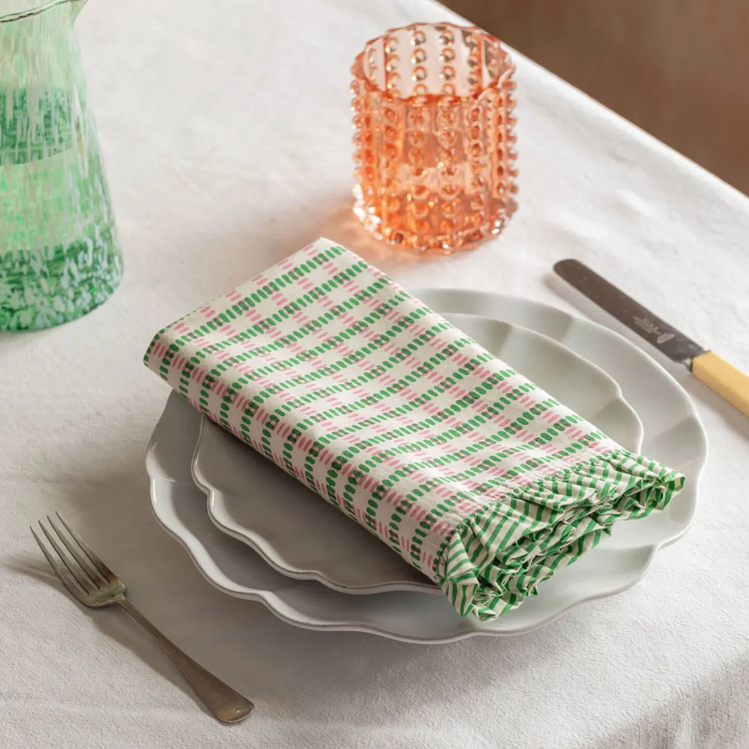 Graham & Green Sundae Green and Pink Frill Napkin