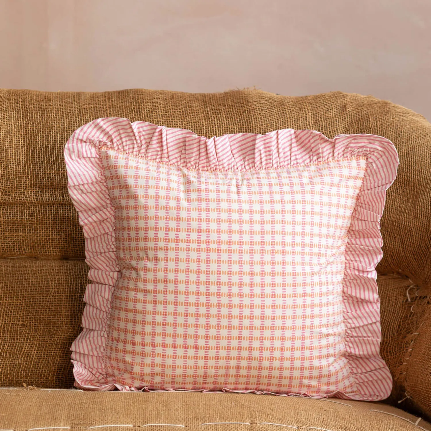 Graham & Green Sundae Pink & Orange Frill Square Cushion