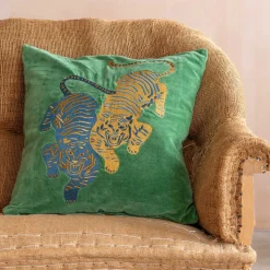 Graham & Green Tiger Embroidered Velvet Square Cushions