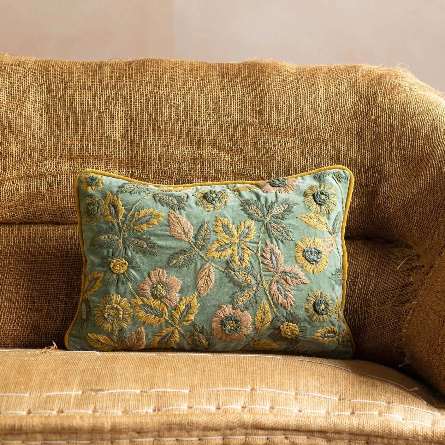 Graham & Green Viola Embroidered Green Velvet Rectangular Cushion