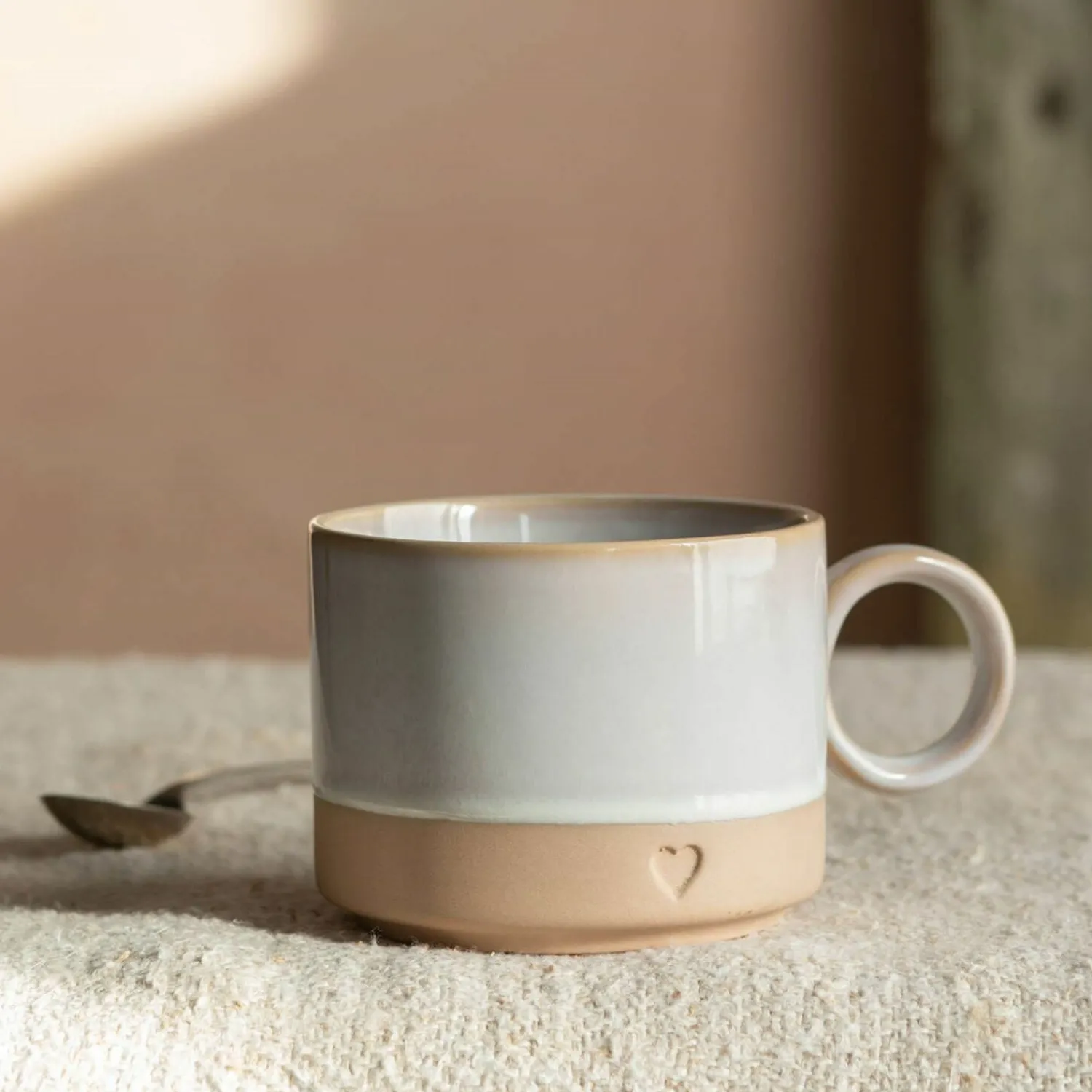 Graham & Green White and Brown Stoneware Mug with Heart Detail
