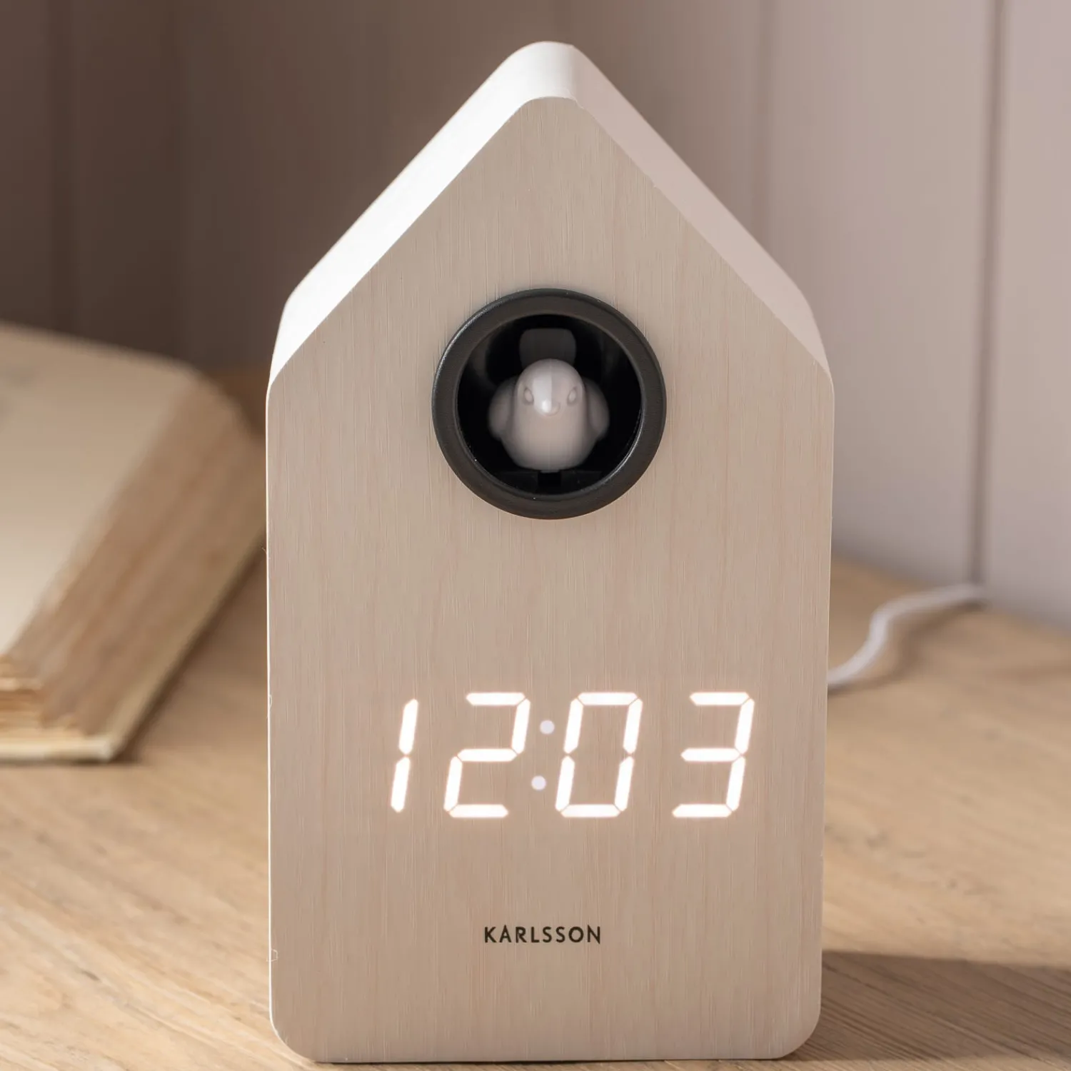 Graham & Green White Wooden LED Cuckoo Alarm Clock