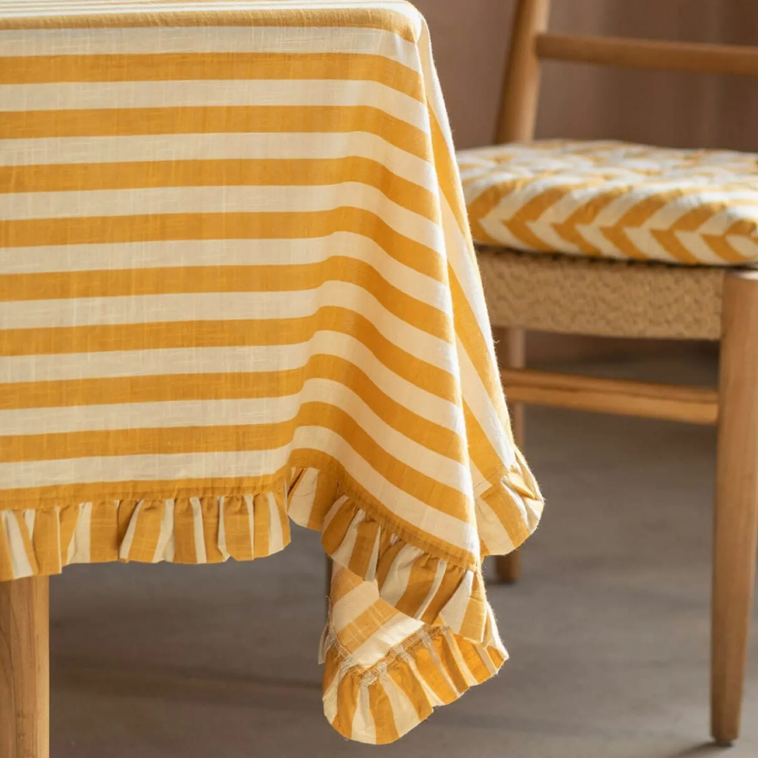 Graham & Green Yellow Candy Stripe Frill Tablecloths