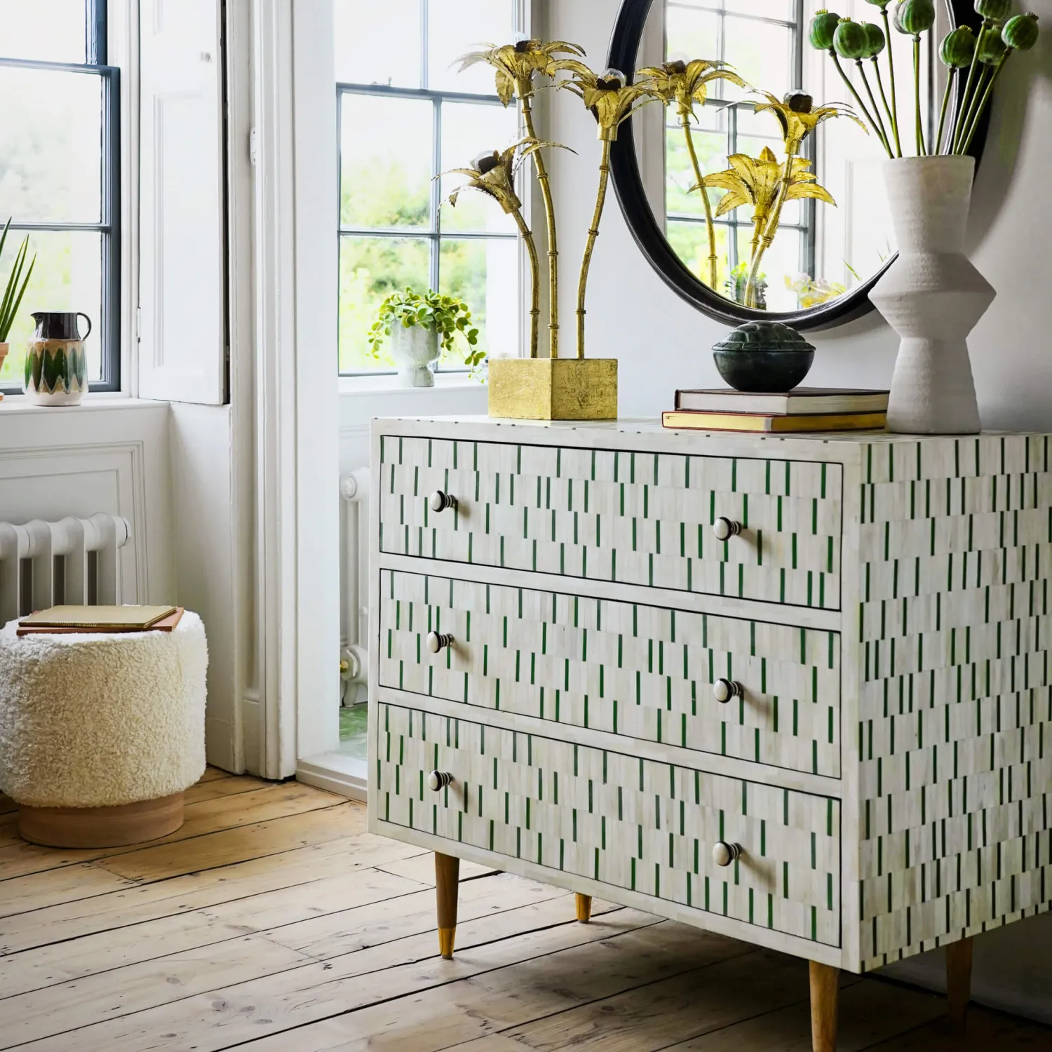 Graham & Green Zarina Green Stripe Bone Inlay Chest of Drawers