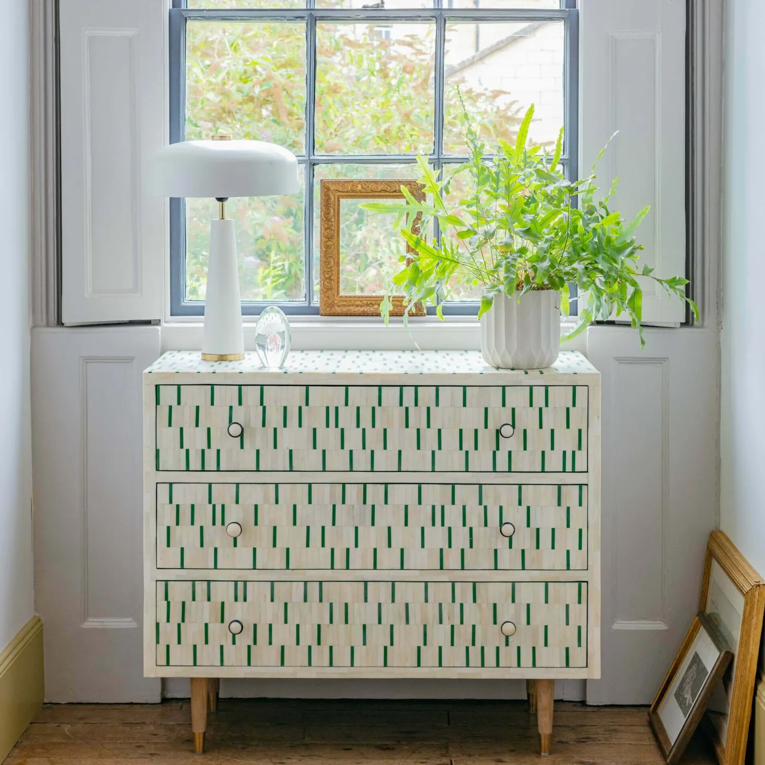 Graham & Green Zarina Green Stripe Bone Inlay Chest of Drawers